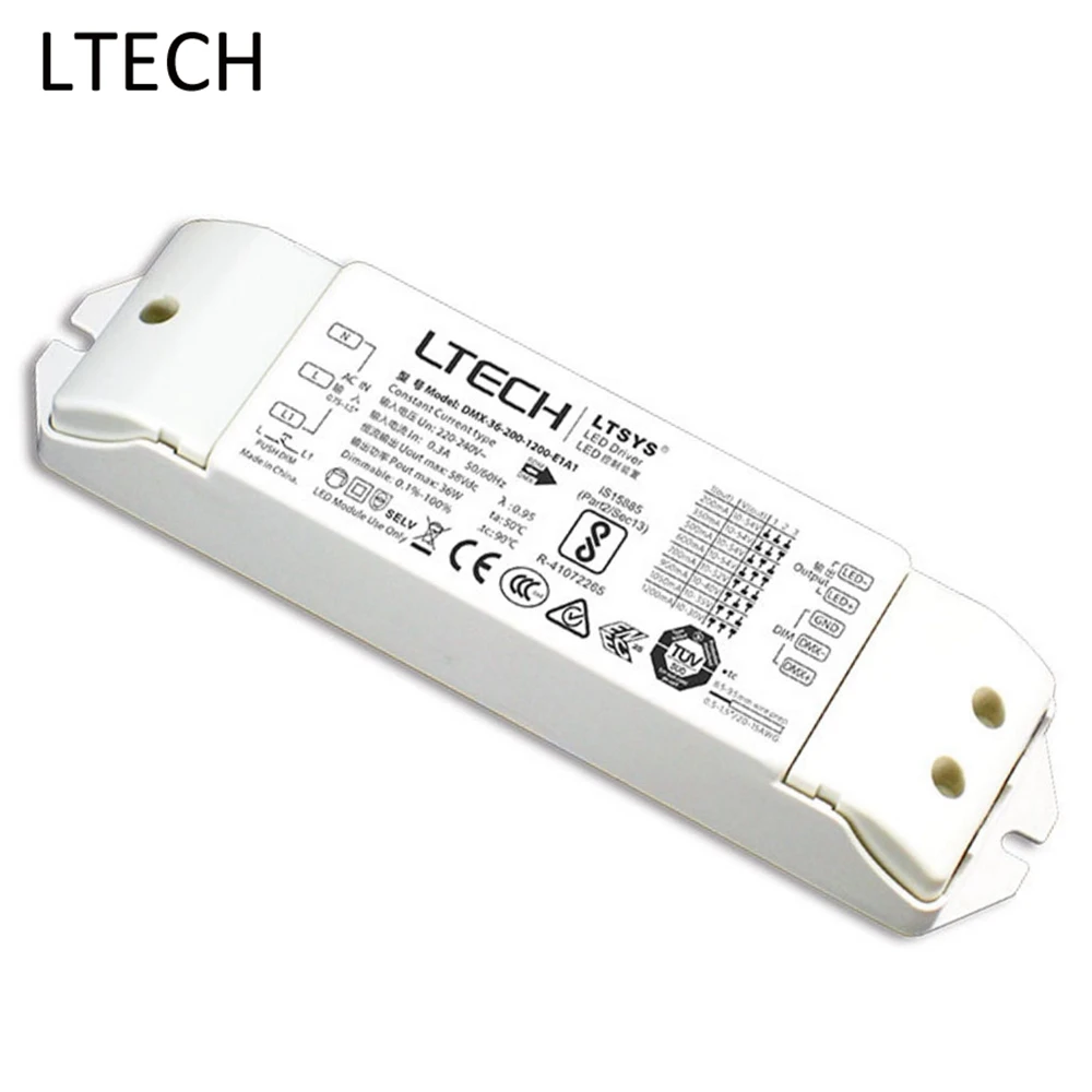 

LTECH 36W Constant Current LED DMX Dimming Driver DMX-36-200-1200-E1A1 200-240VAC DMX Input 200-1200mA PVM Output Power Adapter
