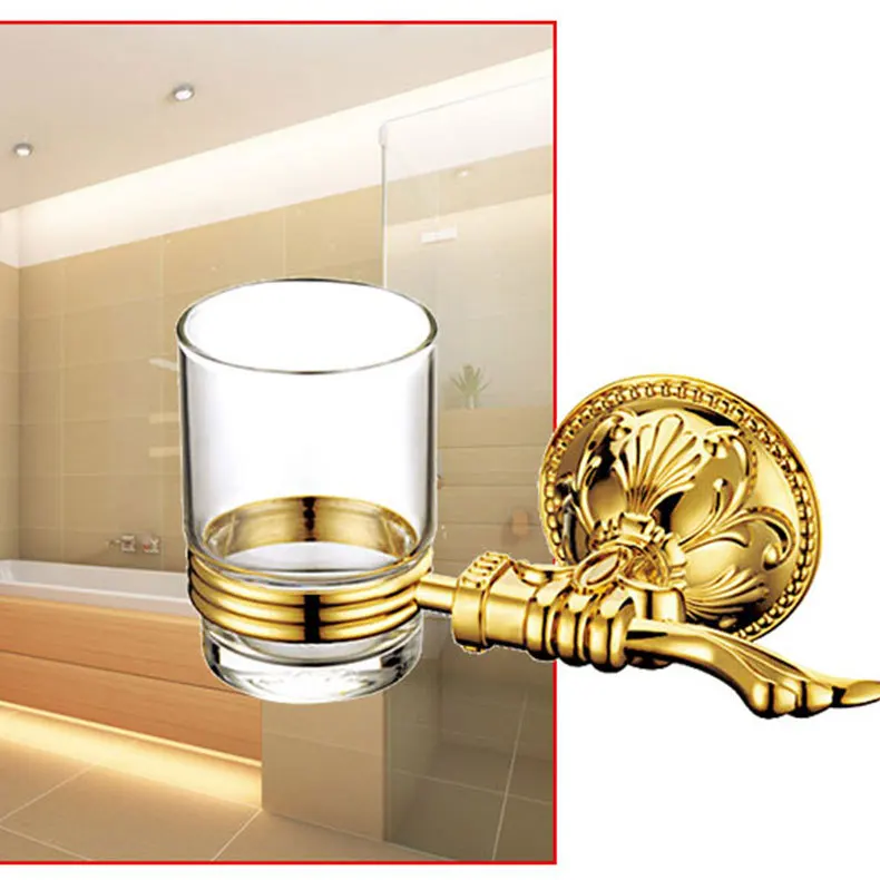 Роскошный золотой латуни Ванная комната один Стекло стакан с держателем настенное крепление Зубная щётка держатель