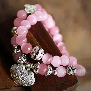 

New Hot High quality Fashion Pink Quartz 7mm Beads Tibetan silver Bracelets for Women Gift Statement Lucky Jewelry Wholesale