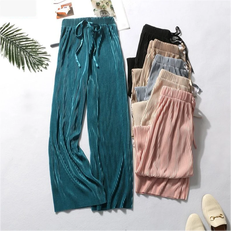 

2019 spring summer new wide leg pants female pleated ice silk chiffon casual beach plus size trousers loose nine pants women