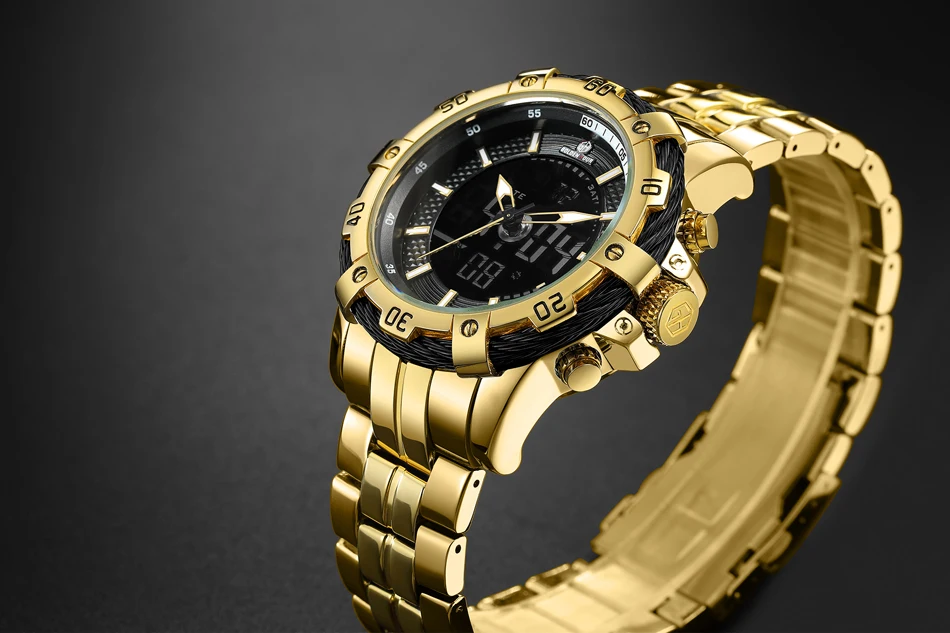 GOLDENHOUR Männer Uhr Dual Display Quarz Armbanduhren Edelstahl Wasserdicht Sport_voghion.com