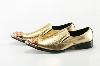 

Men Oxfords Shoes British Style Party Wedding Genuine Leather Gold Metal Toe Dress Shoes Slip On Business Men's Flats Shoes