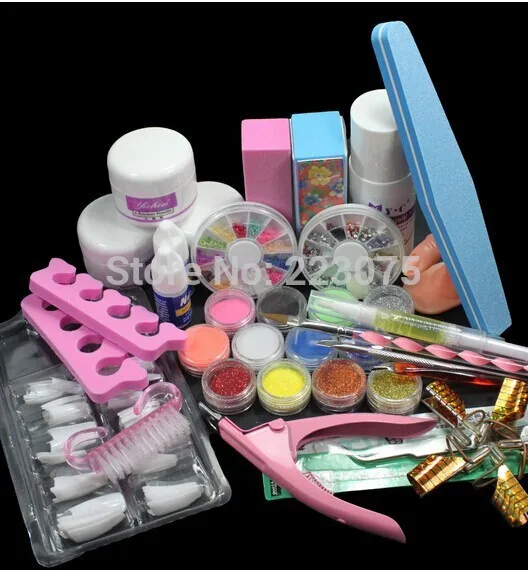 

Nail Art Set Acrylic Liquid Glitter Powder File Brush Form Tips Tools DIY Kit