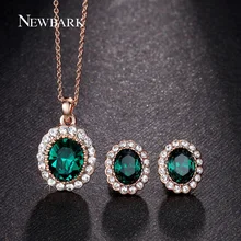 NEWBARK Fashion Imitation Gemstone Jewelry Sets Rose Gold Plated Green Oval Crystal Necklace Earrings Set Paved Rhinestone