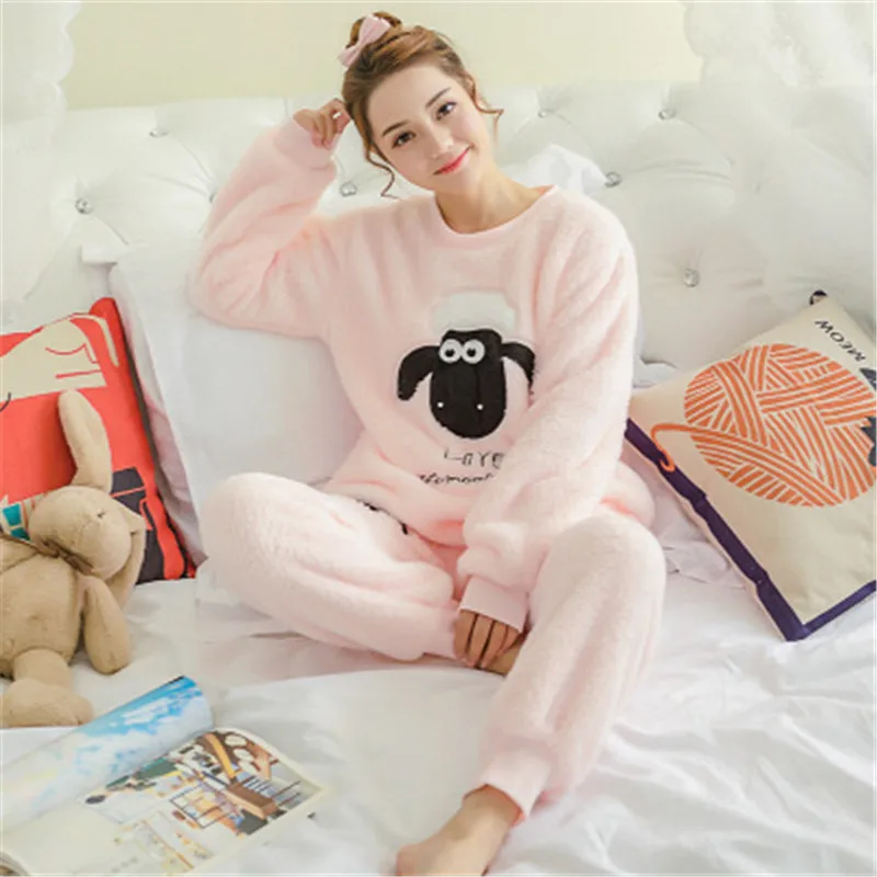 

2019 New Flannel Women Pajama Sets Autumn Winter Pajamas Cartoon Thick Warm Women Sleepwear Cute Animal Female Homewear