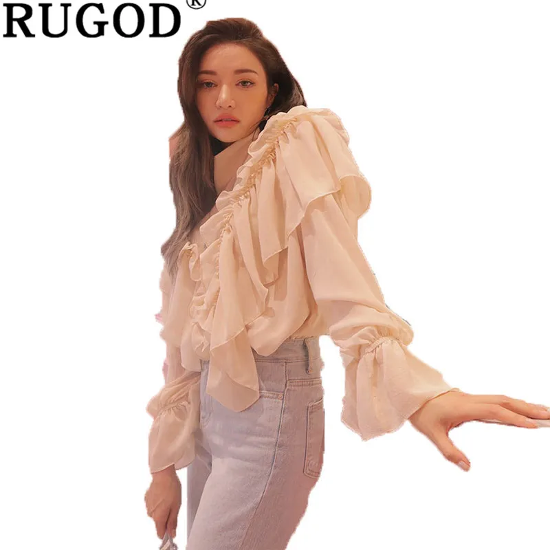 Женская шифоновая блузка RUGOD однотонная с высоким воротником весна 2019|Блузки| |