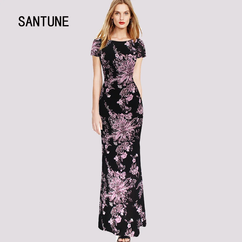Santune Sexy Vestido Maxi Del Verano 2017 de La Moda de Manga Corta Cuello de O de Impresión Púrpura Partido Ninght Piso-Longitud Vestidos de Mujer