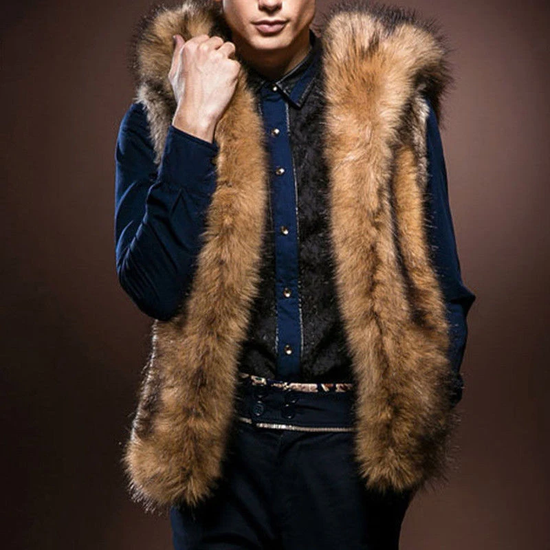 Зима 2019 жилет с капюшоном из искусственного меха мужской без рукавов пушистый