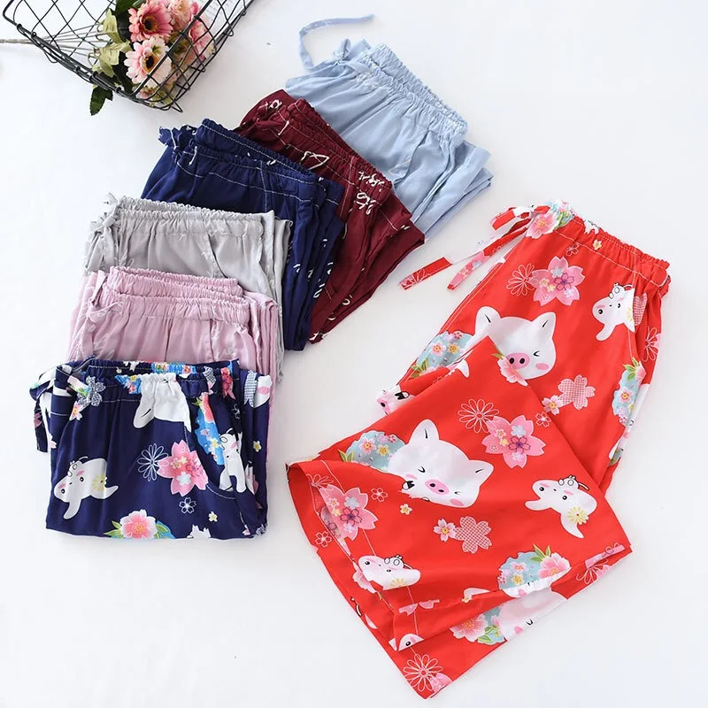 

Summer cute pig ninth pants sweet women sleep bottoms casual home pants plus size britches pajama trousers for women