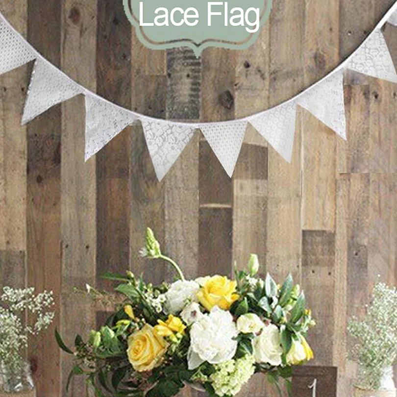 20 flags/lot 100% Handmade White Lace flag,Romantic White Wedding Party Bunting full white Lace Fabric Triangle flags banner