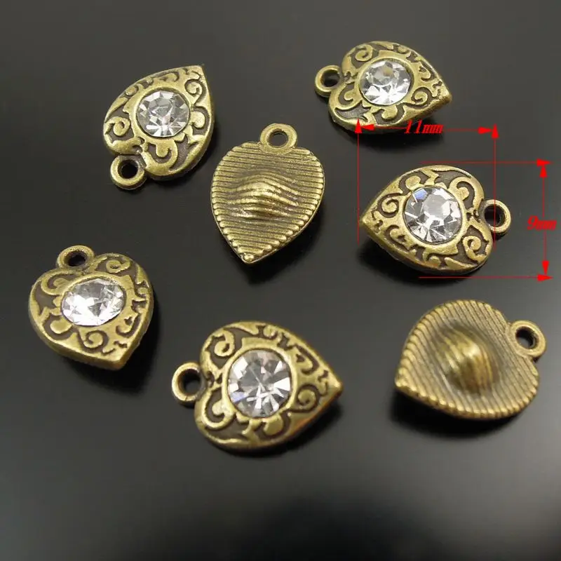 

Julie Wang Alloy 10PCS Hanging Charm Retro Bronze Heart with Rhinestone Pendant Charms Handmade Fashion Jewelry