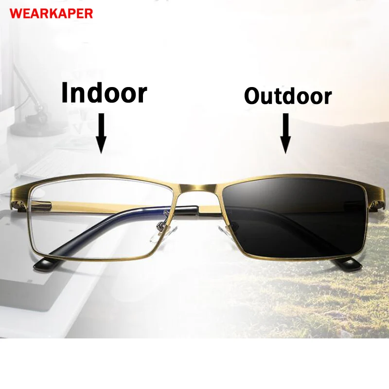 

WEARKAPER Brushed Gold Frame Sun Transition Photochromic Reading Glasses Men Women Hyperopia diopters Presbyopia Glass 1.0-4