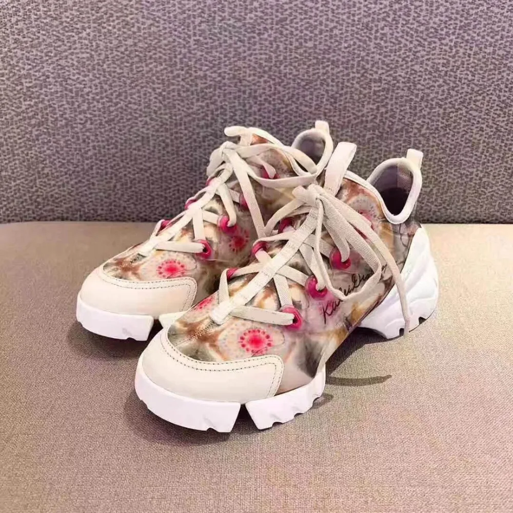 

2019 New Hot Dad Shoe Chunky Heel Floral Print Women Vulcanized Shoes Woman Casual Shoes Breathable Plus Size Sneakers Lace-up