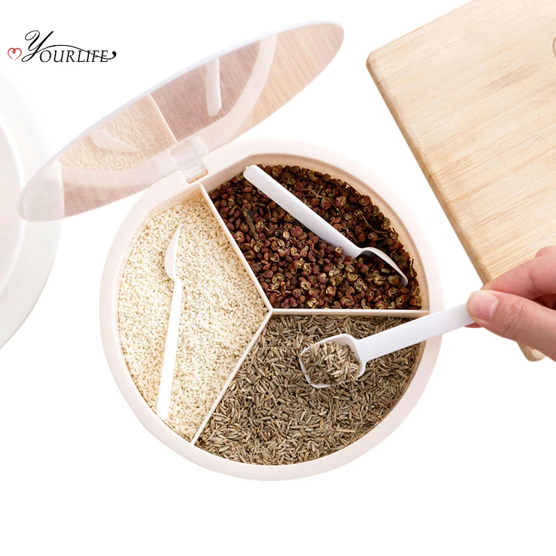 OYOURLIFE 1pcs Three Grid Spice Jar Seasoning Box Kitchen Storage Container Jars Salt Pepper Cumin Powder Tool | Дом и сад