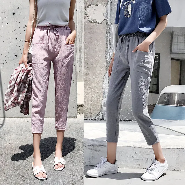Good linen pants capris woman summer stretch waist harem pants pockets new casual drawstring cropped trousers female pink green 1