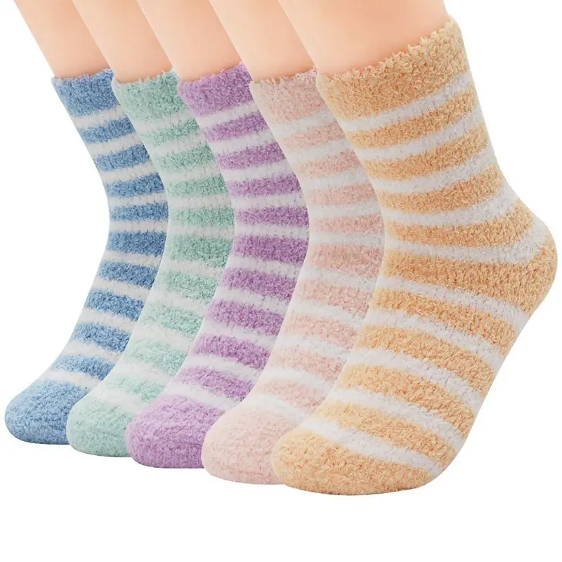 Женские теплые супер мягкие плюшевые тапки, зимние пушистые гольфы, повседневные домашние пушистые уютные носки, 5 пар разноцветных полосок