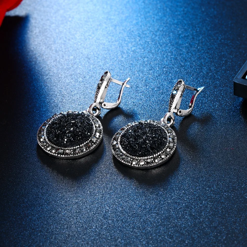 Винтажное ожерелье с черным камнем, серьги, кольцо, ювелирный набор, Модный женский античный серебряный кристалл, круглый камень, подвеска, ожерелье, подарки