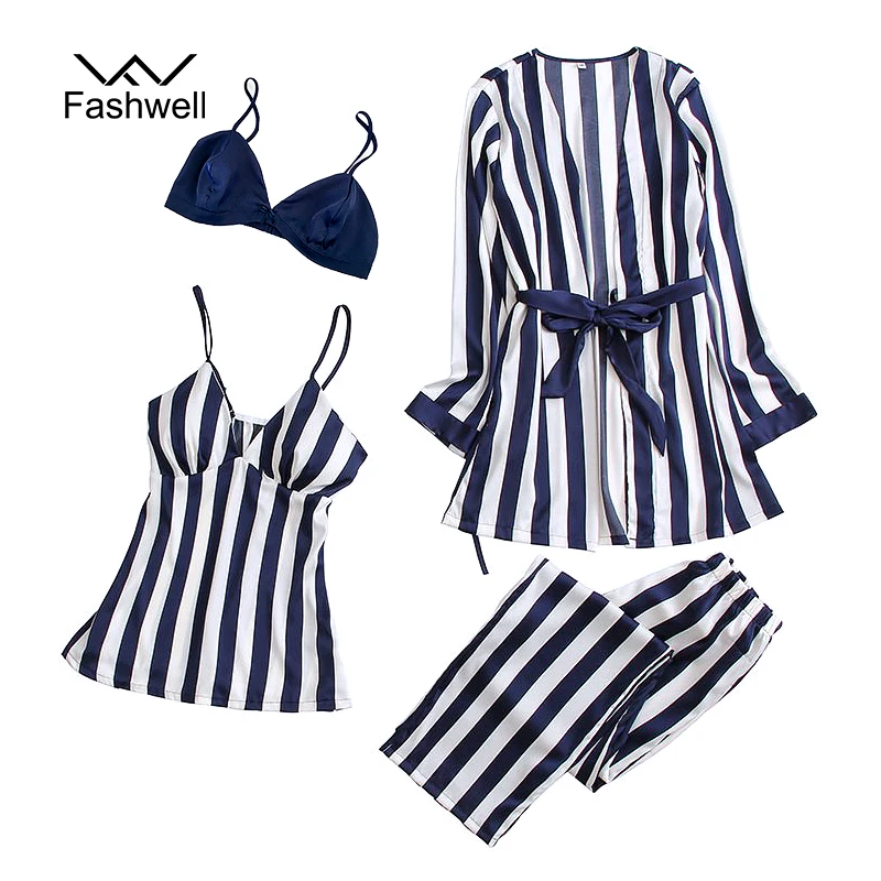 

Fashwell Sexy Women Pajamas Satin Slik Sleep Lounge Striped Pajamas Set Ladies Suspender Trousers Casual V-Neck Nightdress