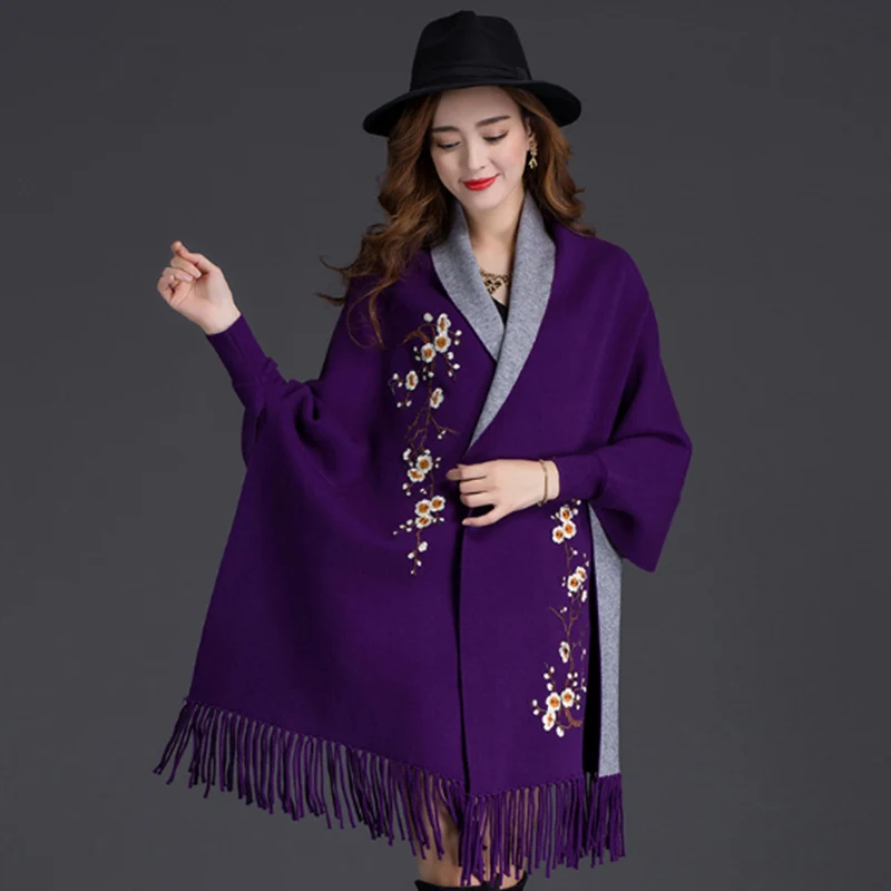 

autumn winter woman cloak style cotton wool coat style open stitch tassel bottom fashion cloak with embroidery y156