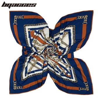 

[BQACCES] Fashion Belt Chain Print Bandana Silk Square Scarf Women Twill Silk Scarves Hijab Head Scarf Shawl Wrap 130*130 cm