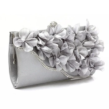 

Lady Satin Clutch Bag Flower Evening Party Wedding Purse Chain Shoulder Handbag Colors:Silver