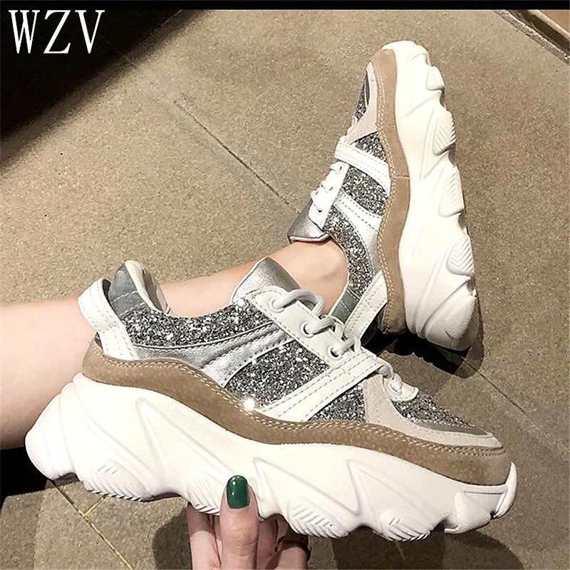 

Womens Sneakers Shoes 2019 Fashion Zapatos De Mujer Lace-Up Sequins Casual Shoes Med Thick Bottom Luxury Shoes Women Designers