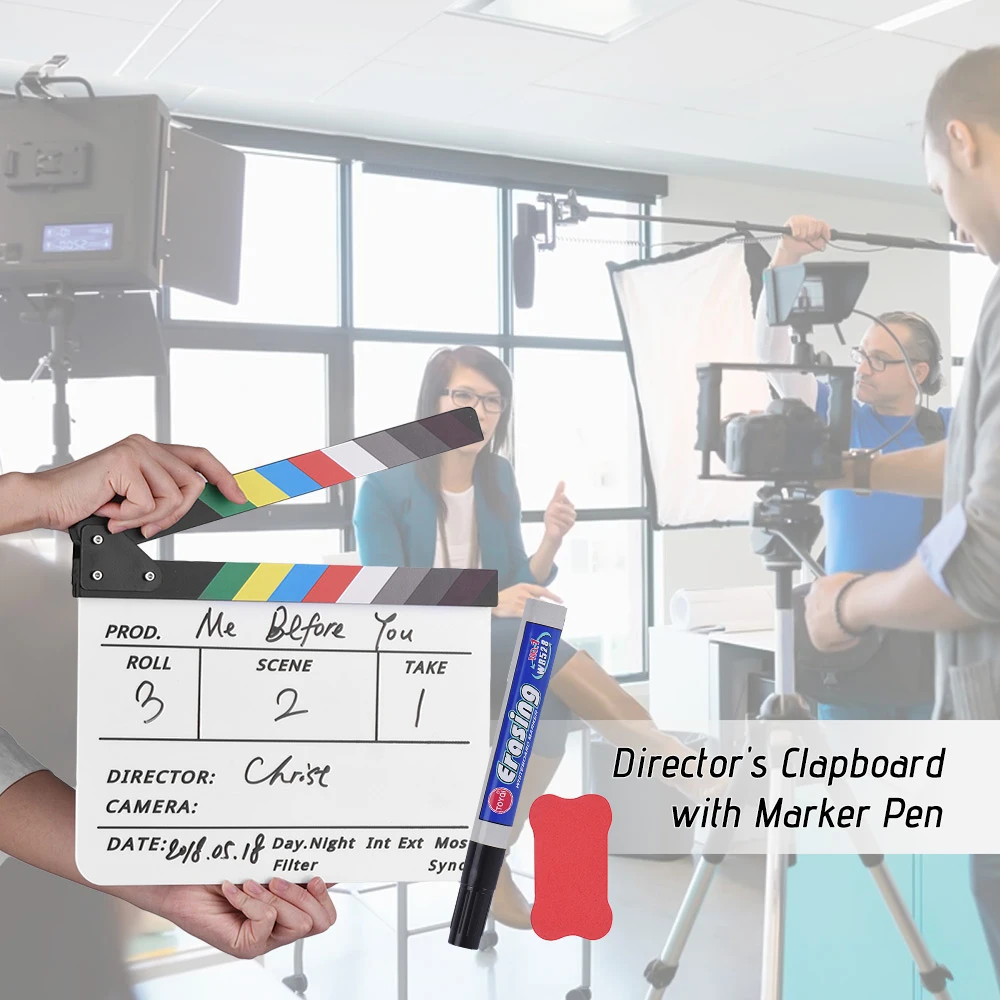 Film Director Clapper Board Movie Scene Acrylic Clapboard Dry Erase TV Movie Cut Action Scene Slate Clap With Marker Pen Eraser