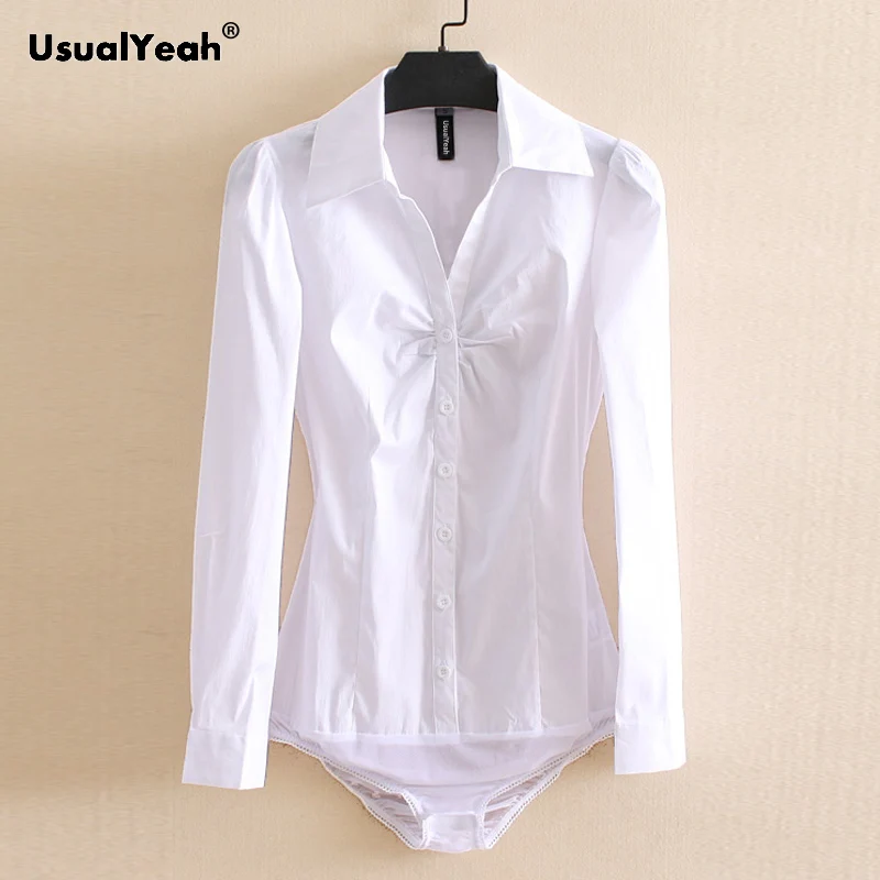 

UsualYeah Pure Front Folds V Neck Body Shirt and Blouse Long Sleeve Office Lady Minimalist Cotton Shirts Light blue White