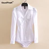 UsualYeah Pure Front Folds V Neck Body Shirt and Blouse Long Sleeve Office Lady Minimalist Cotton Shirts Light blue White 1