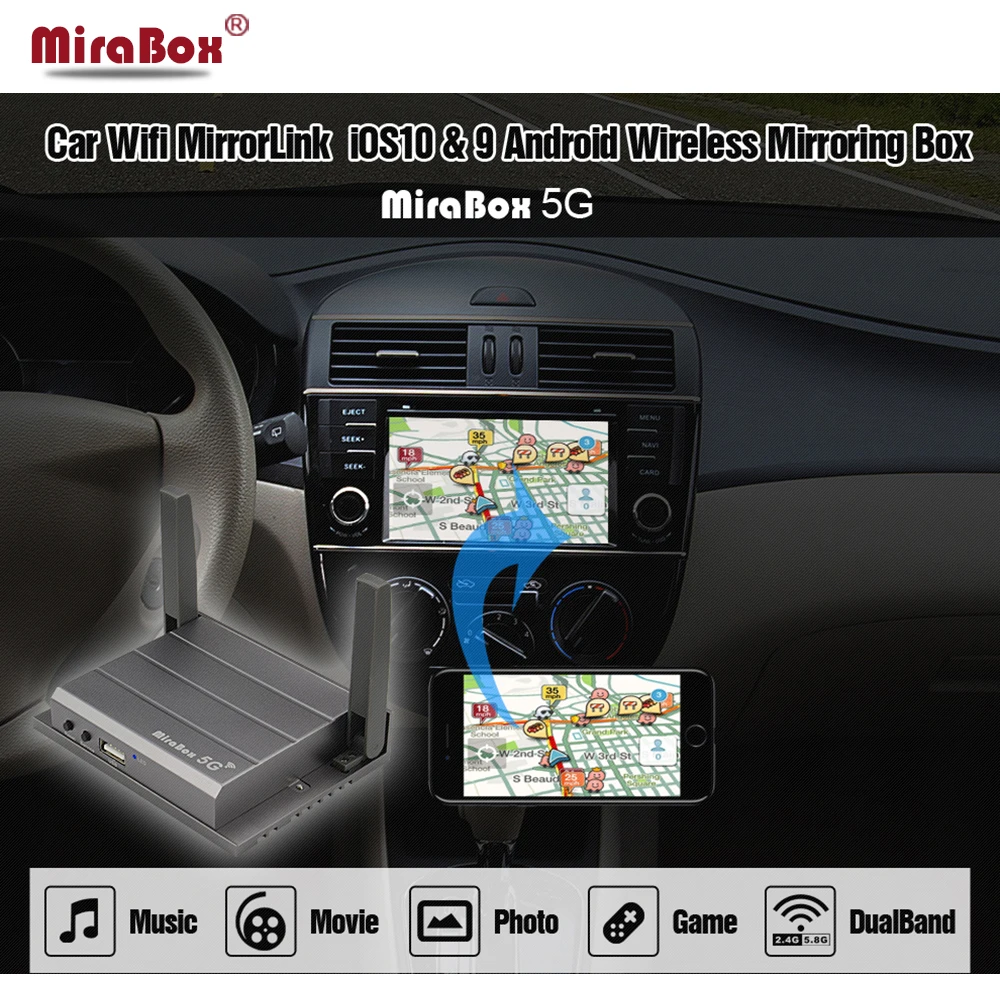 Mirabox 5G для автомобиля беспроводной доступ в Интернет Mirrorlink коробка поддерживает