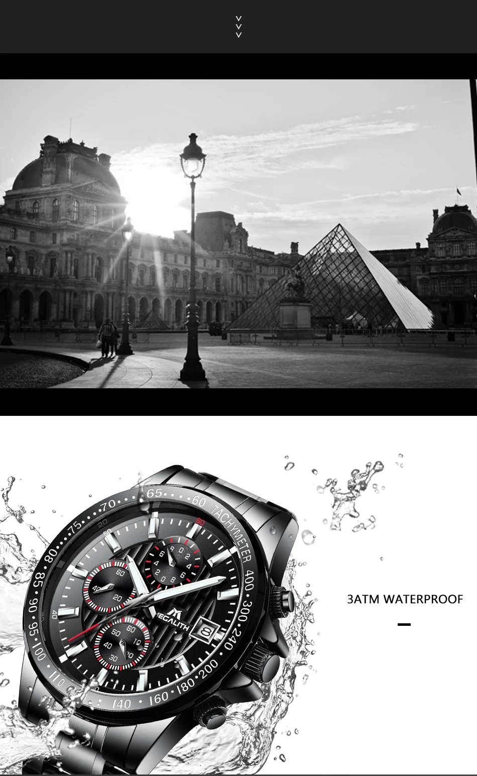 MEGALITH Роскошные Кварцевые аналоговые часы для мужчин черный нержавеющая ремешок водонепроницаемые часы с хронографом мужские Relogio Masculino