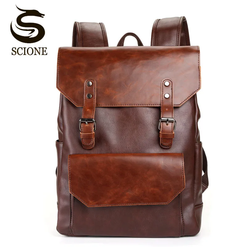 Vintage Style Men PU Leather Backpack Mens Fashion Waterproof Backpack ...