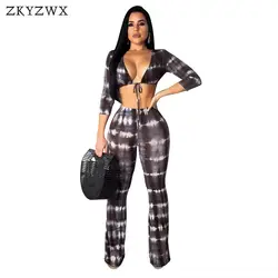 ZKYZWX печатных сексуальный комплект из двух предметов женские костюмы лето кружево Up Растениеводство Топ и широкие брюки костюм улица 2 шт