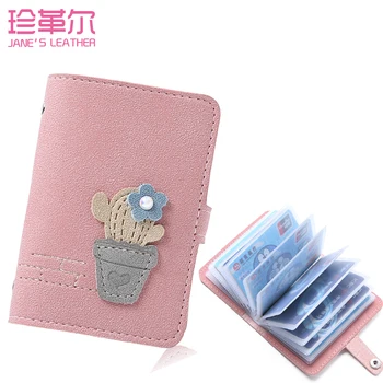 

JANE'S LEATHER Cute Cactus Design Function 24 Bits Card Holder Case Bag Women Girl Business Credit ID Passport Cover Card Wallet