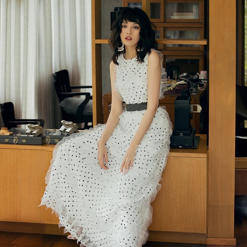 

VERRAGEE women white sleeveless dress 2019 summer a-line vintage max long dot printed Dress