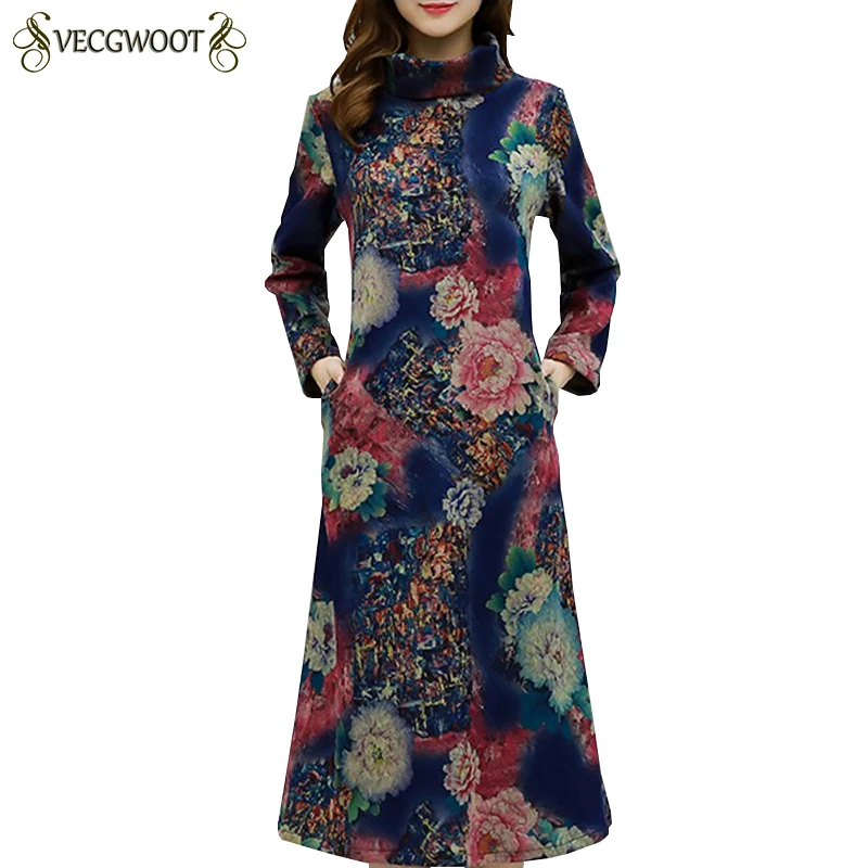 

4 Colors Autumn Winter Dress Women New Large size Fashion Print Dress Women Plus velvet Long sleeve High collar Dress S729