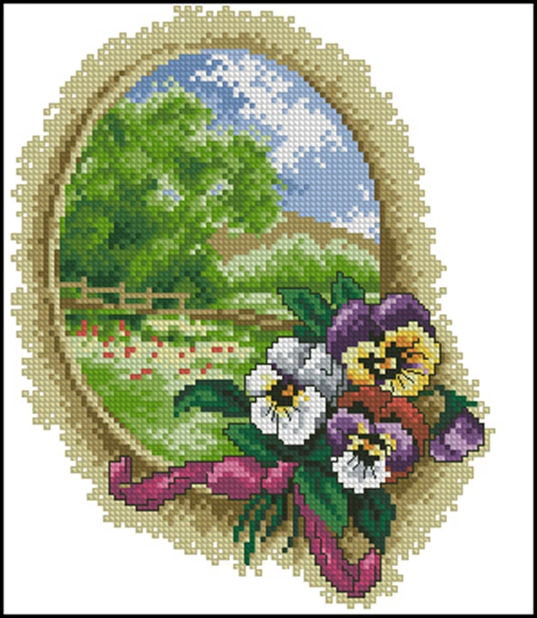 

Needlework 11CT 14CT Cross Stitch, DIY Count Cross Stitch, Embroidery Set, Pansy round landscape