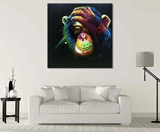 Animal Monkey Modern Canvas Wall Art Hand Painted Oil Painting Abstract Artwork Decor for Living Room Black Thinking Gorilla | Дом и сад