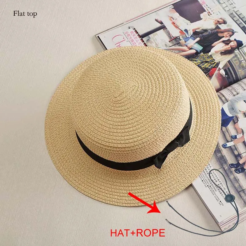 Модная женская соломенная шляпа с плоским бантом, летняя шляпа от солнца для женщин и девушек, модная пляжная шляпа-федора - Цвет: beige hat and rope