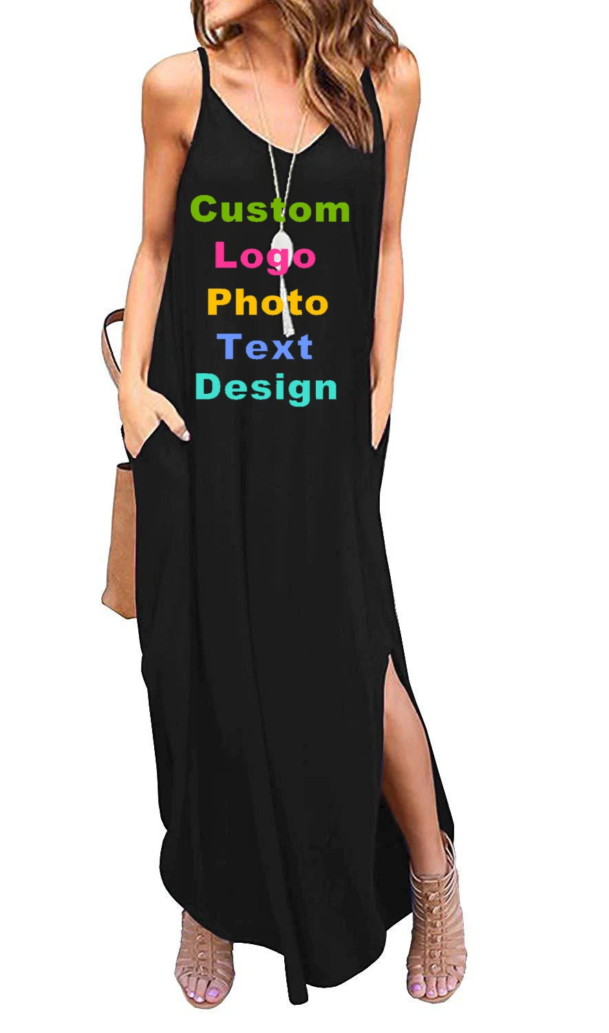 

2019 new sling V-neck pocket dress solid slim Left slit custom woman famale printed logo diy photo