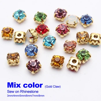 

Free shipping Mix color Sew on Rhinestones 4mm 5mm 6mm 7mm 8mm Gold/silver claws Setting crystals and stones for DIY Accessories