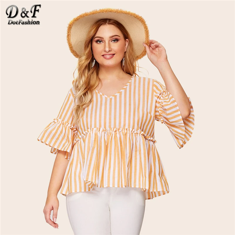 

Dotfashion Plus Lettuce Frill Flounce Sleeve Striped Blouse Women Casual 2019 Boho Summer Half Sleeve Ruffle Hem Cute Blouses