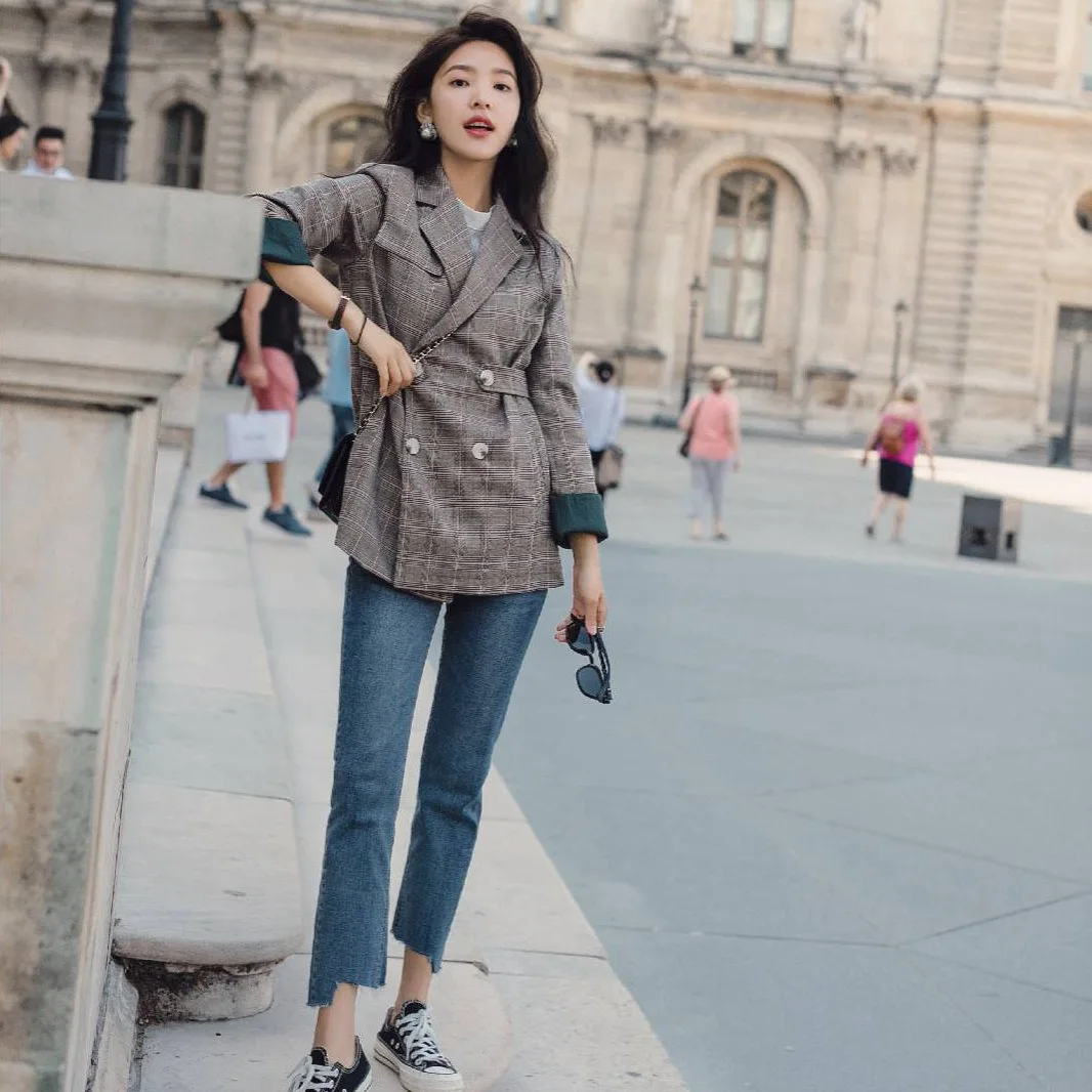 Real Shot Chic Chic Waist Plaid Small Suit Jacket Female Korean 2018 British Style New Casual Women's Double Breasted Blazers Real Shot Chic Chic Waist Plaid Small Suit Jacket Female Korean 2018 British Style New Casual Women's Double Breasted Blazers