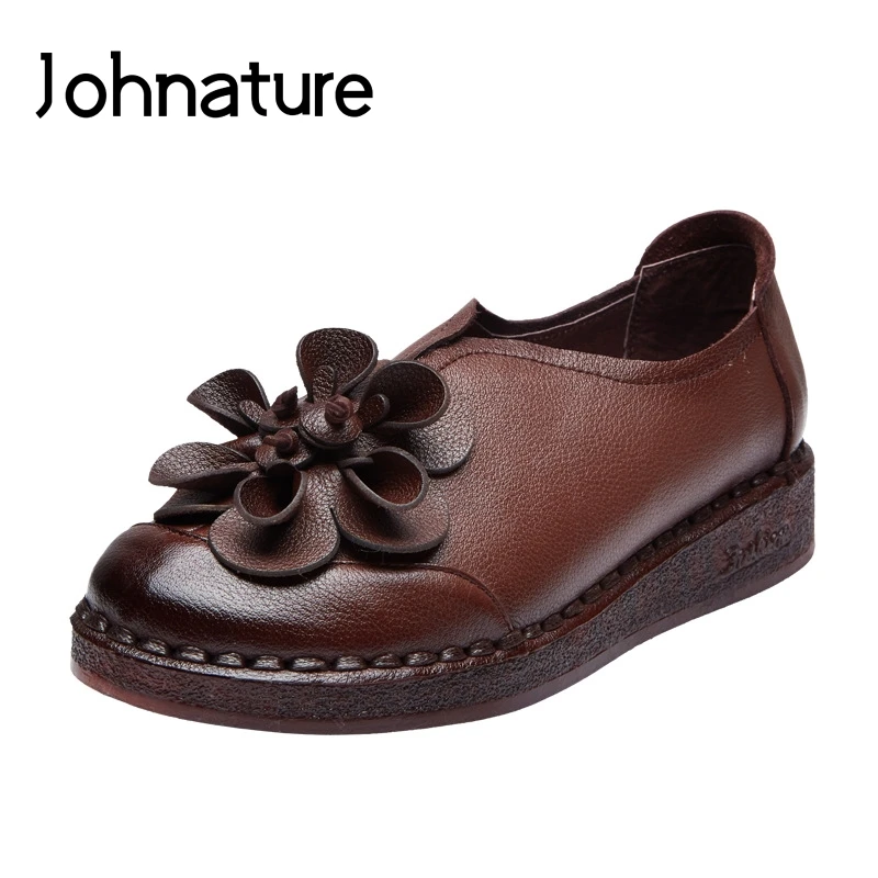 

Johnature 2019 New Spring/autumn Retro Genuine Leather Round Toe Solid Flowers Soft Sole Slip On Women Flat Shoes Platform