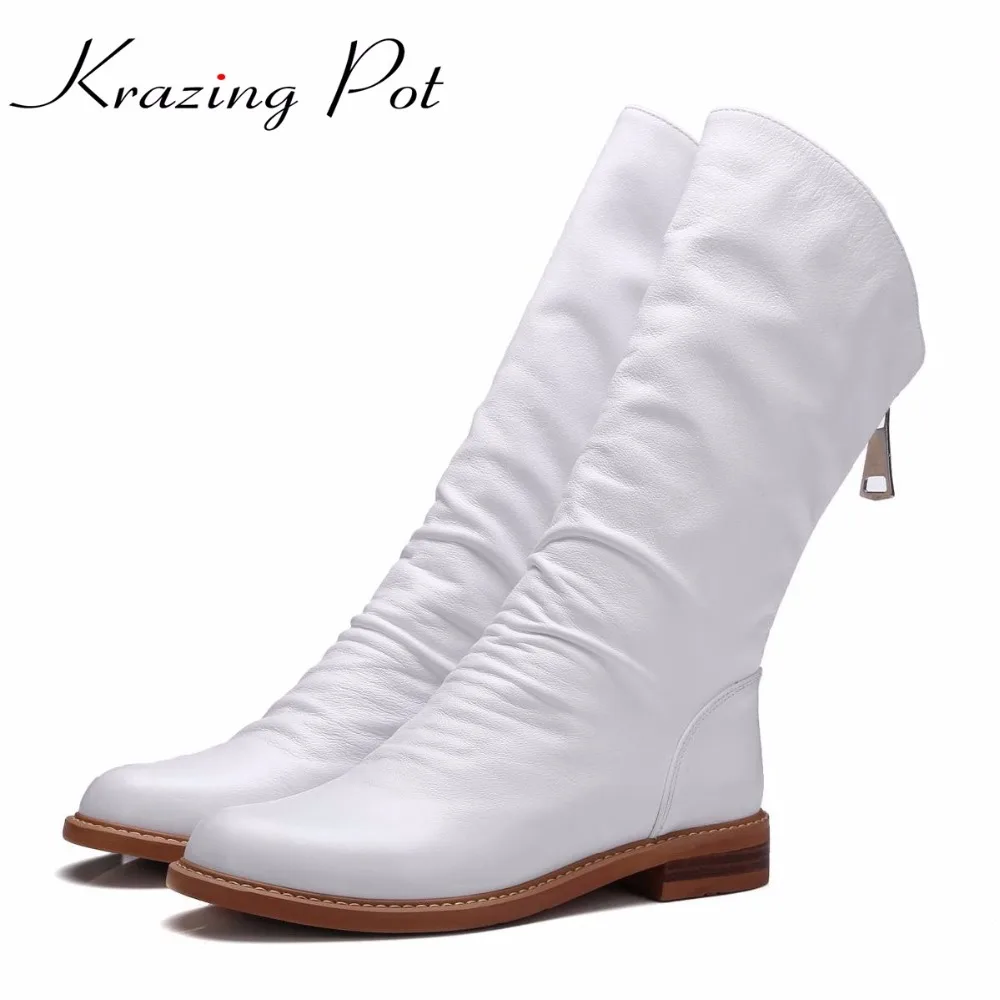 

Krazing Pot full grain leather zipper keep warm round toe thick low heels concise style rock punk handmade mid-calf boots L88
