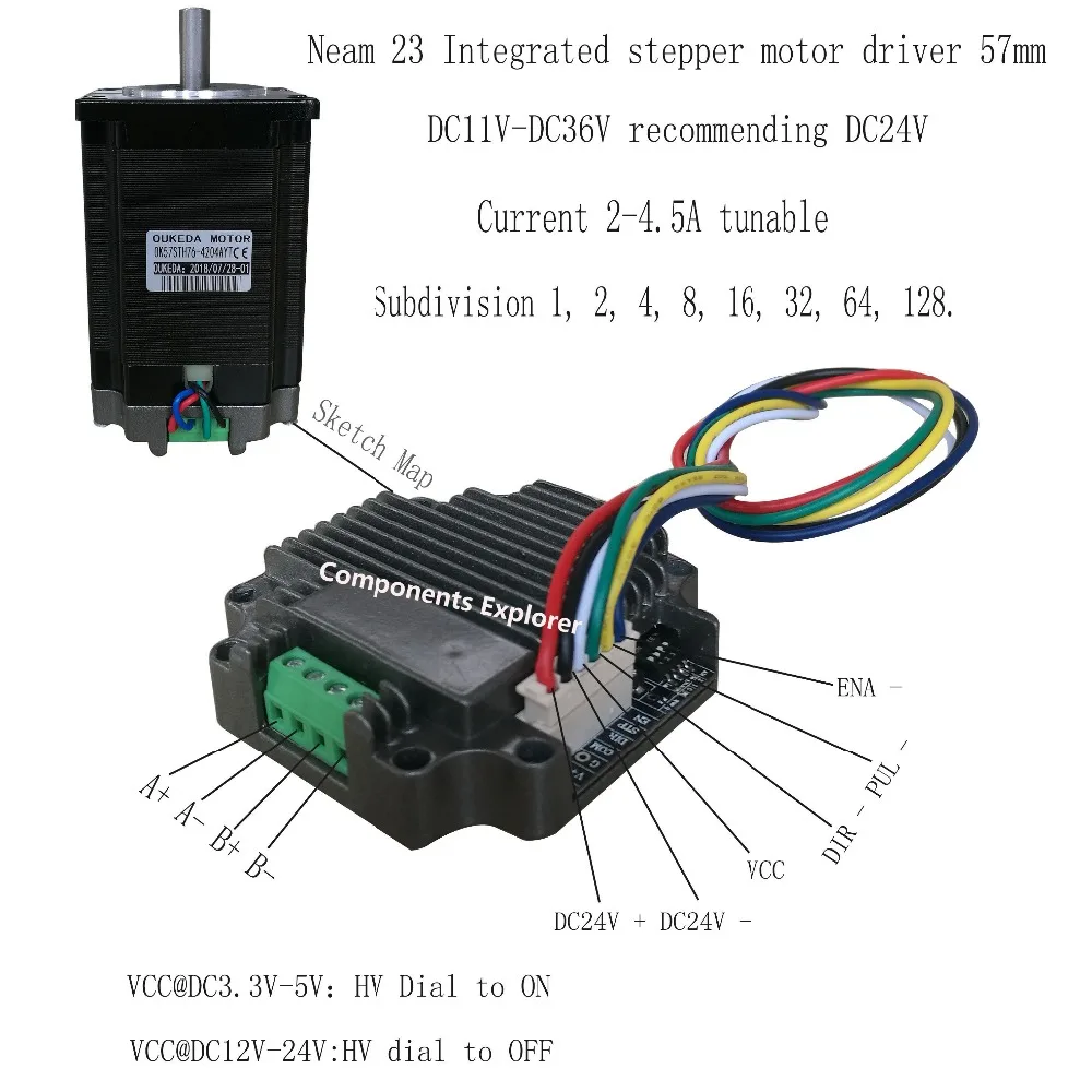 Nema 23 интегрированный драйвер двигателя 57 интегрированный Драйвер шагового двигателя DC11V-DC36V рекомендуемый DC24V ток 2-4.5A tunabl