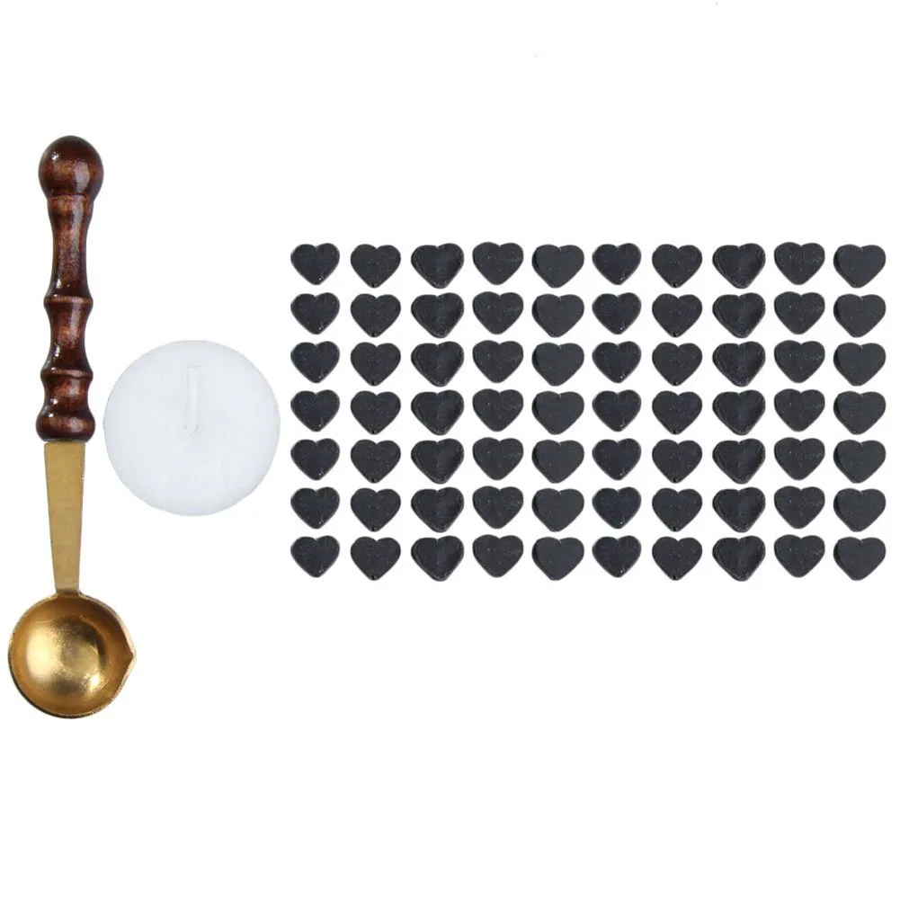 

1pcs Vintage Wax Stamp Sealing Wax Spoon Wood Handle Sealing Mini Melting Wax Spoon+70pcs Heart Shaped Sealing Wax Beads Hogard