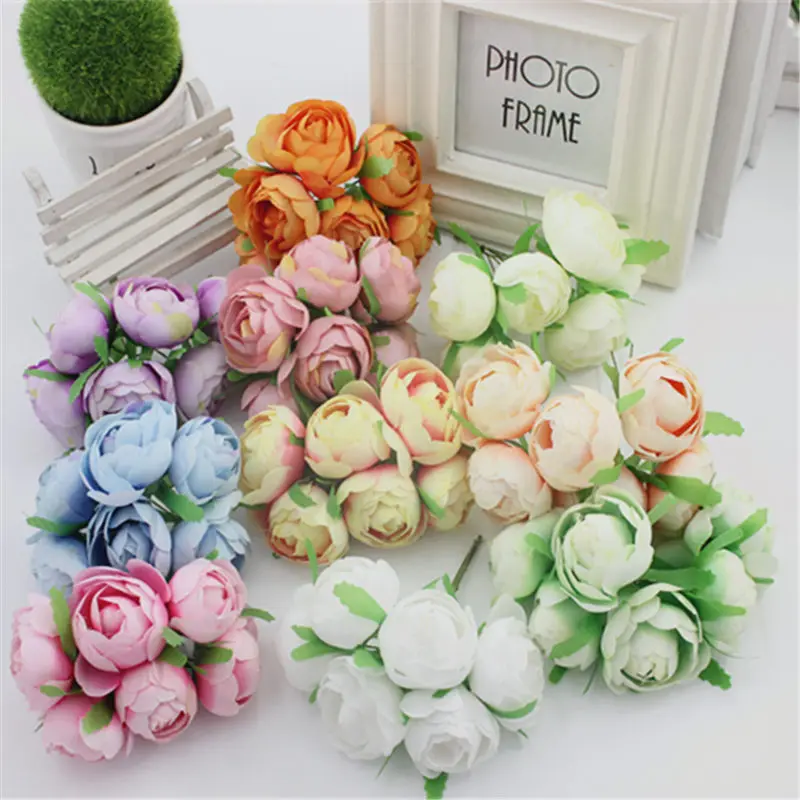 

6Pcs Artificial Roses DIY Flowers Fake Rose Scrapbooking flowers Bouquet for Party wedding Craft Supplies Decorative Flowers