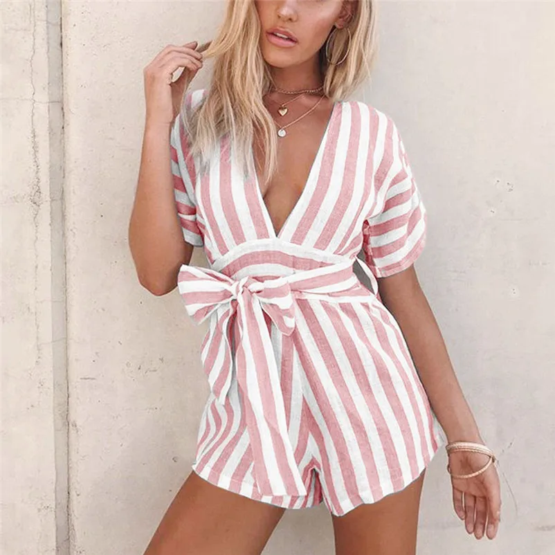Fashion summer jumpsuit woman 2018 Deep V-neck Short Sleeved Rompers Striped casual Playsuit Jumpsuit pantaloni siamesi A02#N (6)