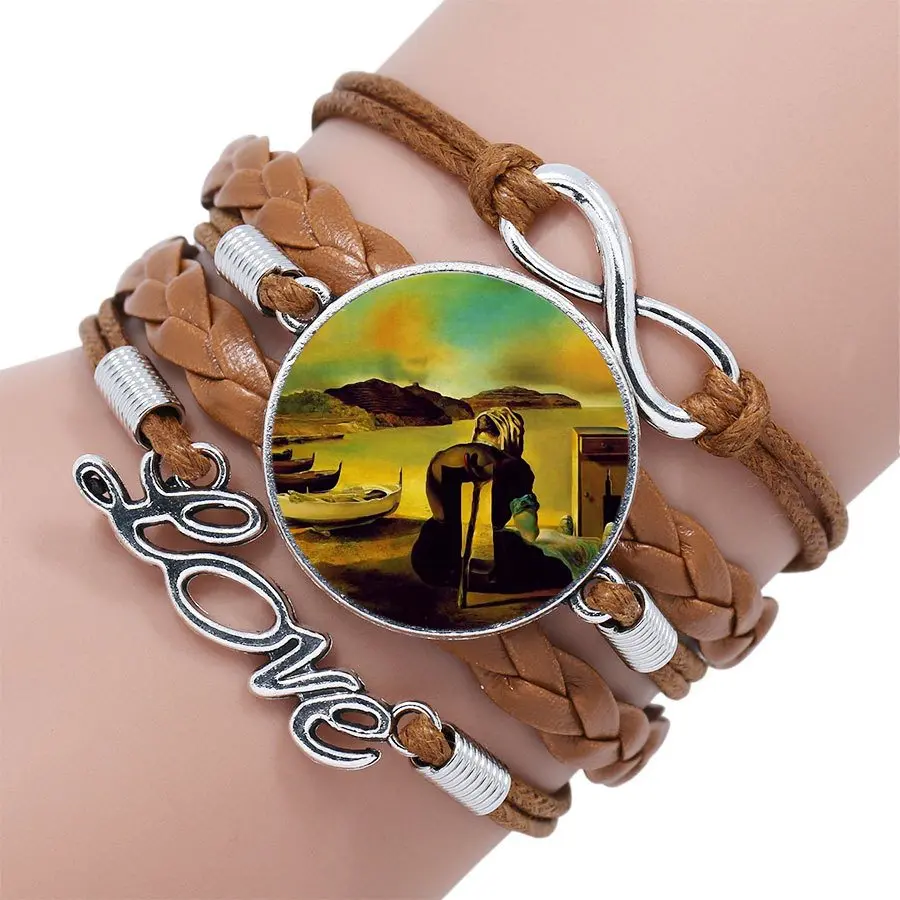 as picture Salvador Dali для свадьбы модные стеклянные Многослойные черный/коричневый кожаный браслет ювелирные изделия - Окраска металла: as picture